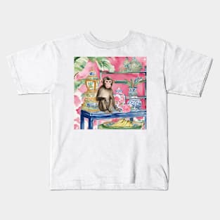 Monkey in chinoiserie interior with bananas Kids T-Shirt